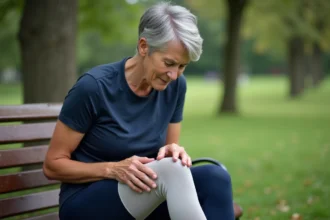 Femme d'âge mûr tenant son genou douloureux en position assise dans un parc, illustrant la tendinopathie de la patte d'oie