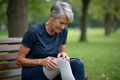 Femme d'âge mûr tenant son genou douloureux en position assise dans un parc, illustrant la tendinopathie de la patte d'oie