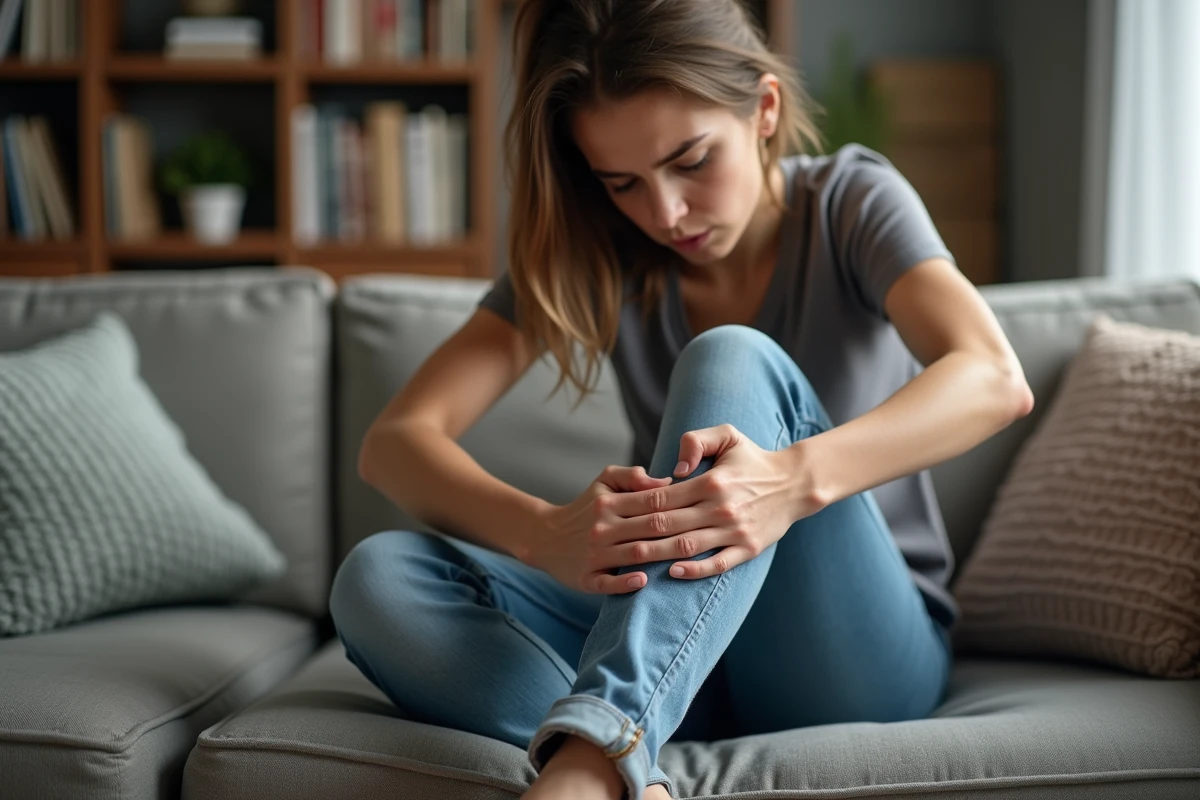 Jeune femme assise sur un canapé avec douleur à la jambe