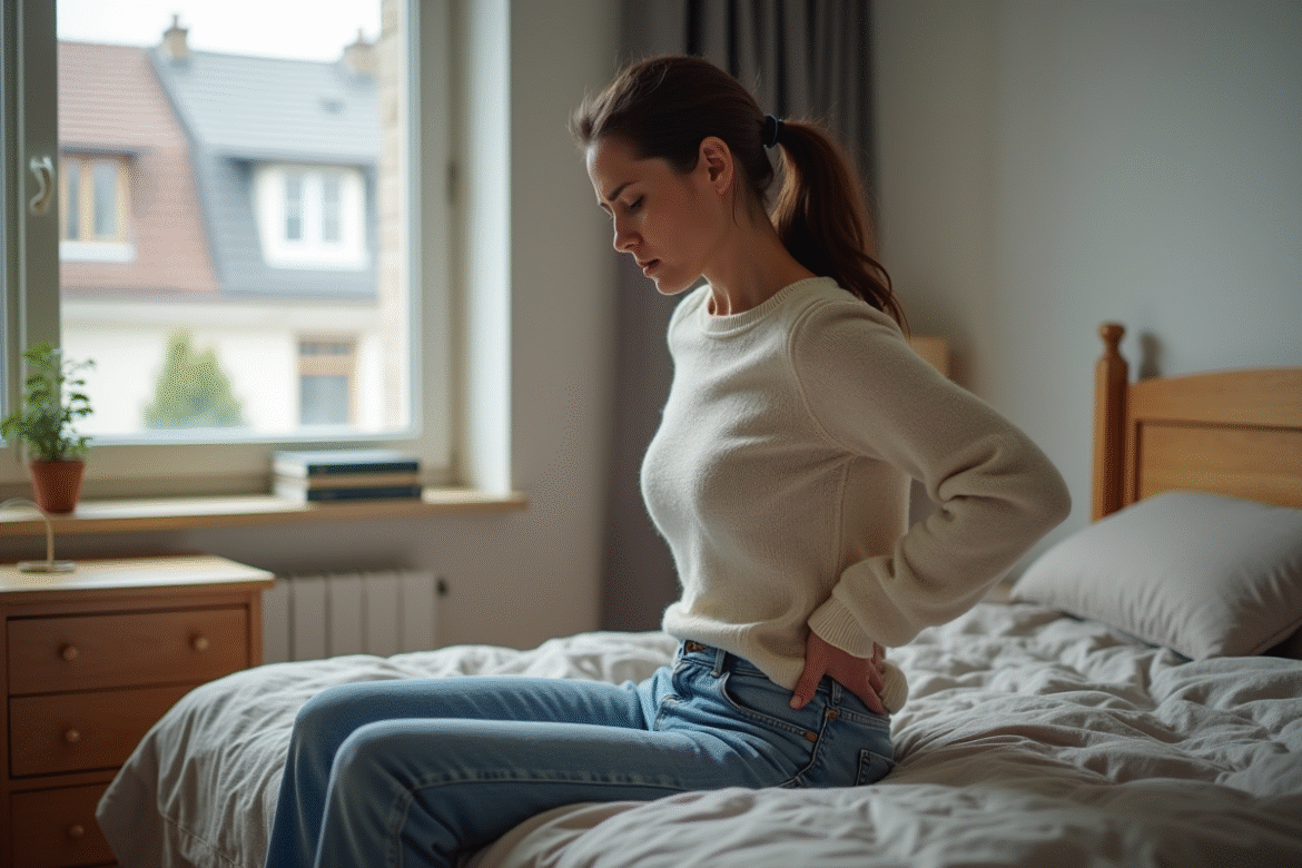 Femme assise sur le lit avec douleur au dos