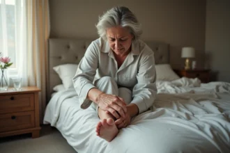 Femme d'âge moyen assise sur un lit tenant son talon douloureux le matin, illustrant la douleur liée à l'épine calcanéenne