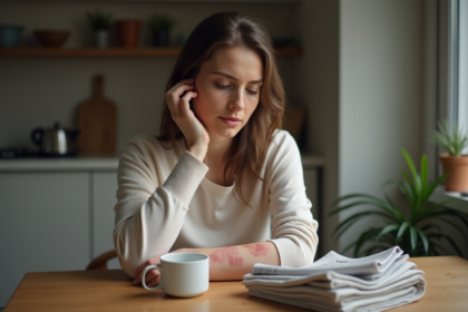 Femme touchant son eczema sur le bras en portrait naturel