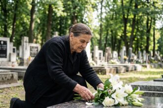 Femme âgée arrangeant des fleurs blanches sur une tombe