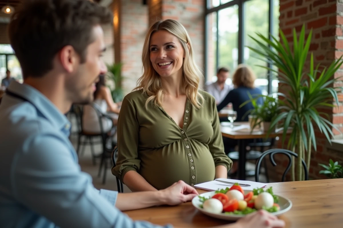 Femme enceinte discutant avec un professionnel de santé autour d'une assiette de mozzarella di bufala au restaurant