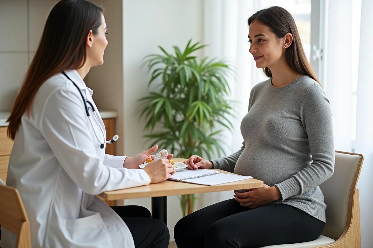 Femme enceinte en consultation médicale discutant des risques alimentaires liés à la charcuterie avec une sage-femme