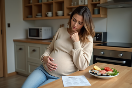 Femme enceinte regarde une liste d'aliments interdits à la maison