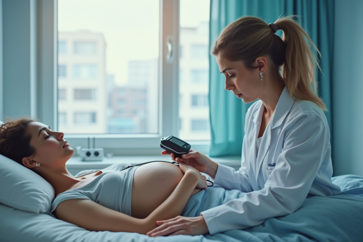 Femme enceinte allongée sur un lit d'examen avec un docteur surveillant le battement du cœur