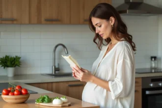 Femme enceinte lisant l'étiquette d'un paquet de mozzarella di bufala dans une cuisine moderne