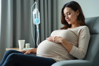 Femme enceinte recevant une perfusion de fer en clinique, main posée sur le ventre, faciès fatigué et apaisé