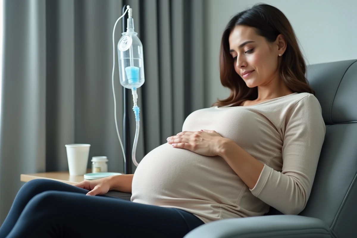 Femme enceinte recevant une perfusion de fer en clinique, main posée sur le ventre, faciès fatigué et apaisé