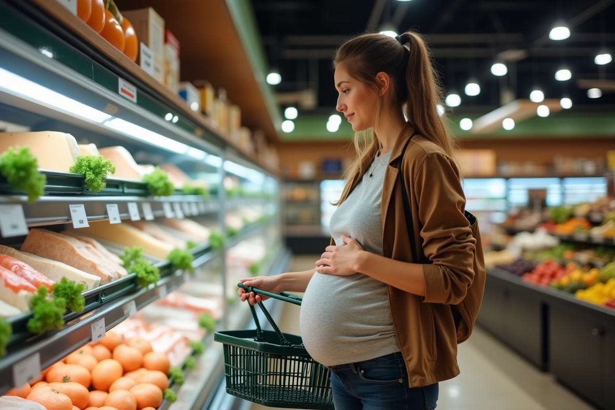 Femme enceinte choisit des produits frais au supermarche