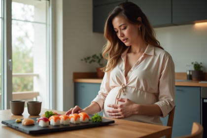 Femme enceinte dégustant du sushi dans sa cuisine