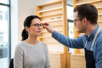 Femme essayant de nouvelles lunettes chez un opticien professionnel dans une boutique moderne avec présentoirs en bois