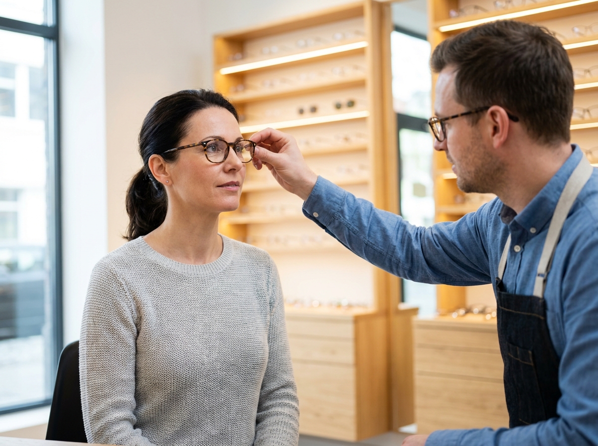Femme essayant de nouvelles lunettes chez un opticien professionnel dans une boutique moderne avec présentoirs en bois