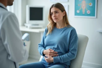 Femme en consultation médicale touchant son abdomen