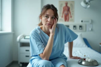 Femme fatiguée assise sur une table d'examen médical après une prise de sang pour bilan VGM