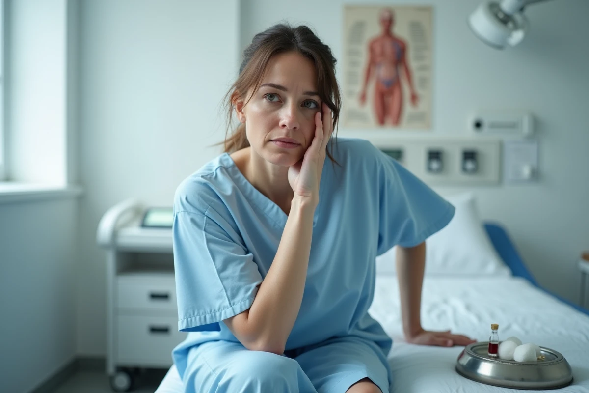 Femme fatiguée assise sur une table d'examen médical après une prise de sang pour bilan VGM