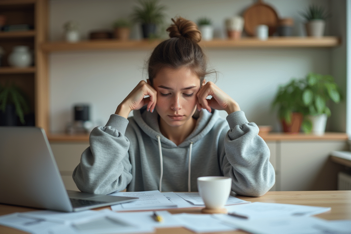 Jeune femme fatiguée en cuisine avec notes et ordinateur
