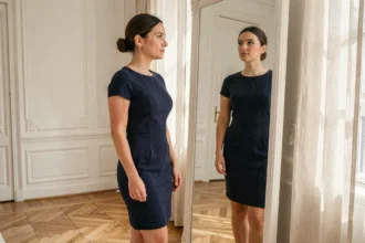 Femme française d'âge moyen se regardant dans un miroir en pied, illustrant la taille et la silhouette moyenne des femmes en France