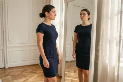 Femme française d'âge moyen se regardant dans un miroir en pied, illustrant la taille et la silhouette moyenne des femmes en France