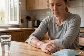 Femme examinant un hématome sur son avant-bras à la maison avec une poche de glace posée sur la table