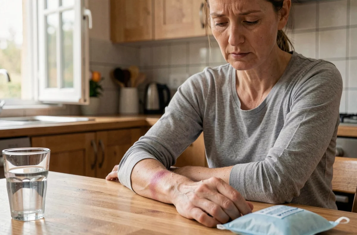 Femme examinant un hématome sur son avant-bras à la maison avec une poche de glace posée sur la table