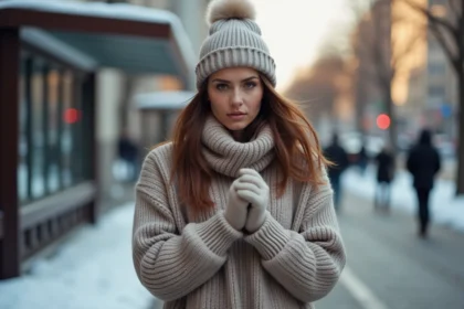 Femme en hiver se réchauffant avec ses mains gantées dans la rue
