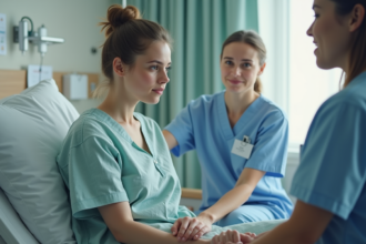 Femme hospitalisée avec partenaire et infirmière attentive