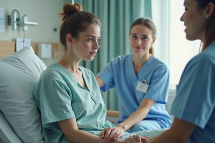 Femme hospitalisée avec partenaire et infirmière attentive