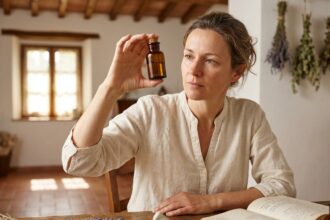 Femme examinant un flacon d'huile essentielle à une table en bois avec des herbes séchées et des livres de phytothérapie