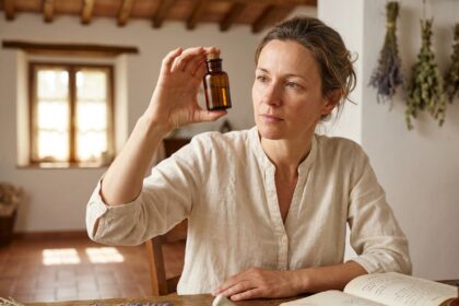 Femme examinant un flacon d'huile essentielle à une table en bois avec des herbes séchées et des livres de phytothérapie