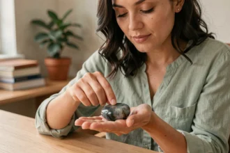 Femme hypersensible tenant une worry stone en labradorite dans sa paume, assise à un bureau en bois, pratiquant un ancrage sensoriel