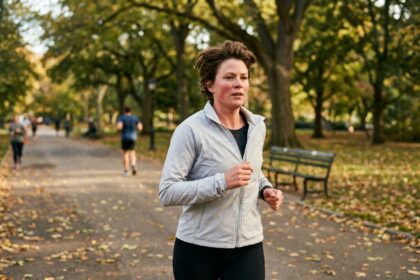 Femme de 45 ans qui fait du jogging dans un parc en automne, adoptant un mode de vie sain après l'arrêt du tabac