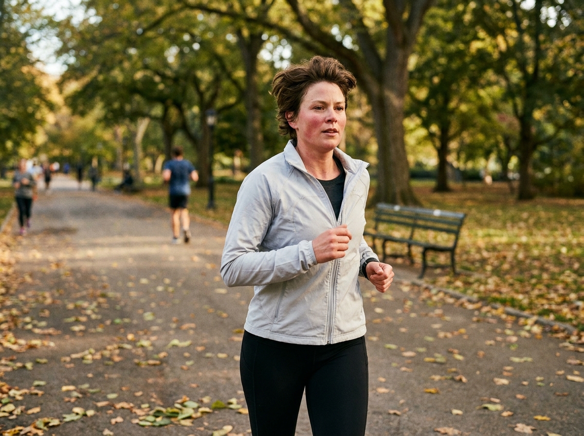Femme de 45 ans qui fait du jogging dans un parc en automne, adoptant un mode de vie sain après l'arrêt du tabac