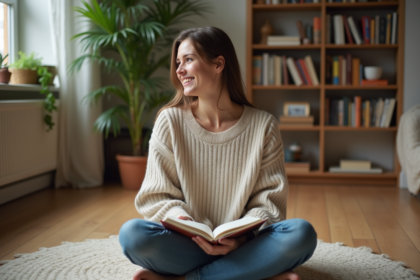 Femme assise en journal intime dans un salon chaleureux