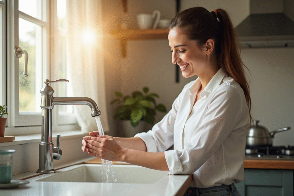 Femme lavant ses mains dans une cuisine lumineuse et moderne