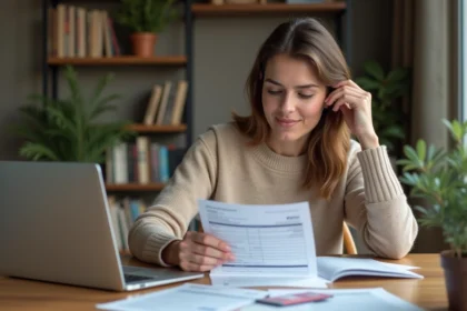 Femme lisant un document avec carte santé en intérieur