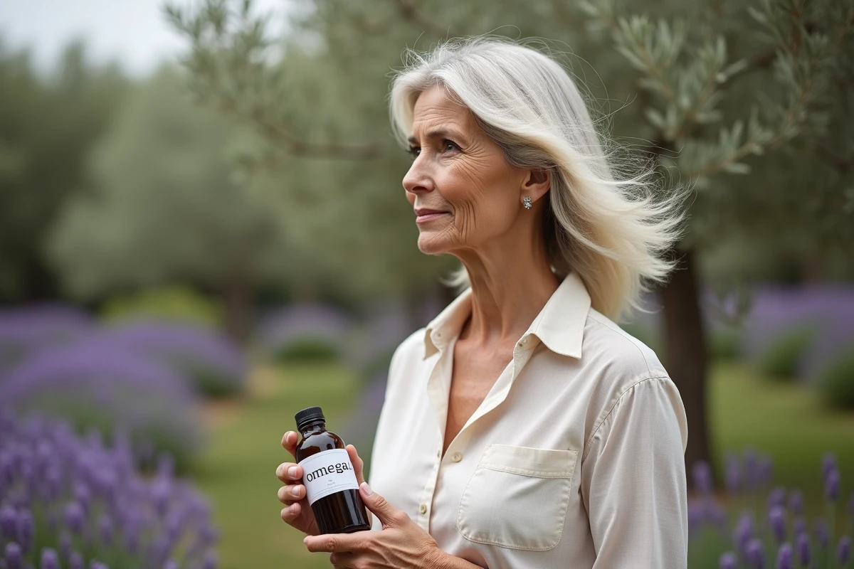 Femme dans un jardin avec huile d omega et lavande