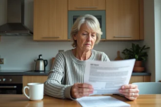 Femme lisant un rapport MRI dans la cuisine