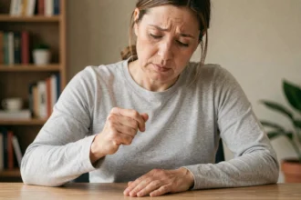 Femme tenant sa main droite engourdie et ressentant des fourmillements, assise à un bureau à la maison
