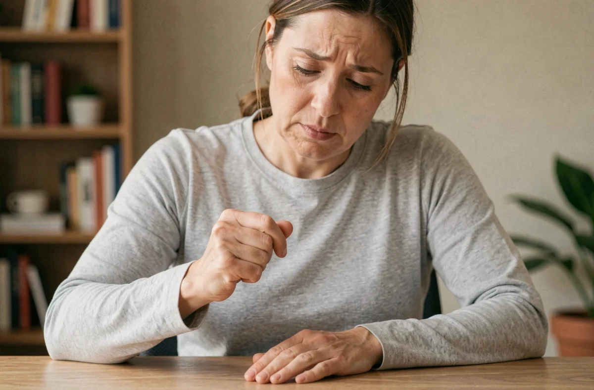 Femme tenant sa main droite engourdie et ressentant des fourmillements, assise à un bureau à la maison