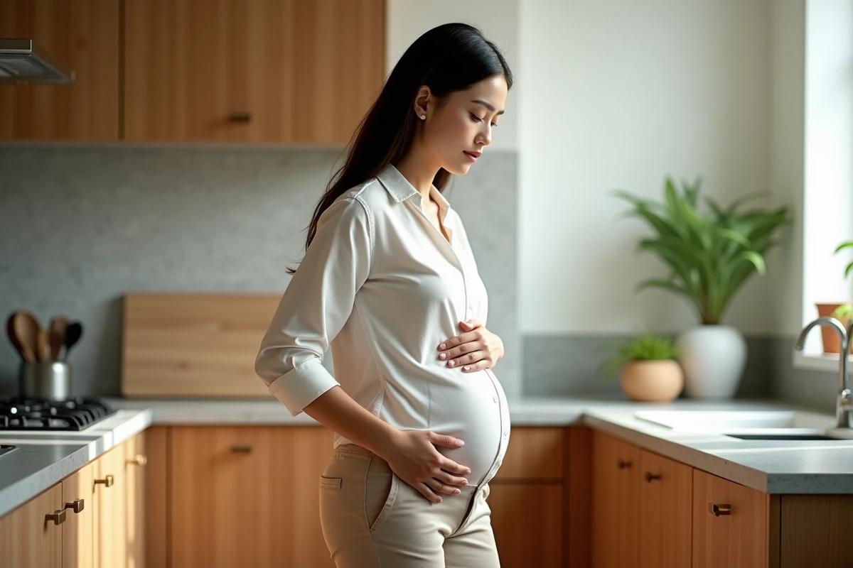 Jeune femme marchant dans la cuisine moderne