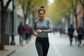 Femme en tenue de sport marchant en ville et consultant son podomètre pour compter ses pas quotidiens