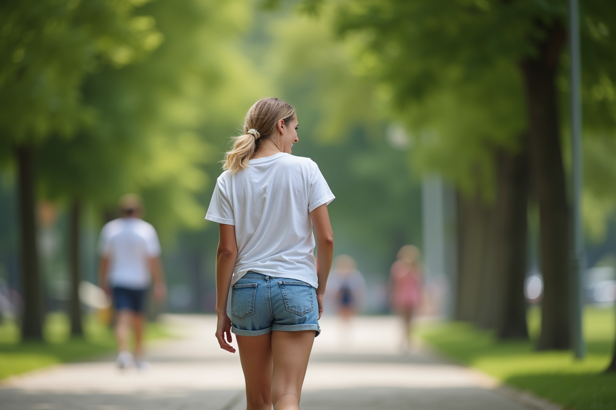Femme souriante marche dans un parc urbain en été
