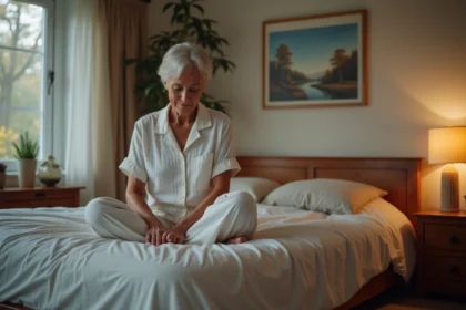 Femme de 50 ans se massant les jambes en pyjama dans une chambre chaleureuse