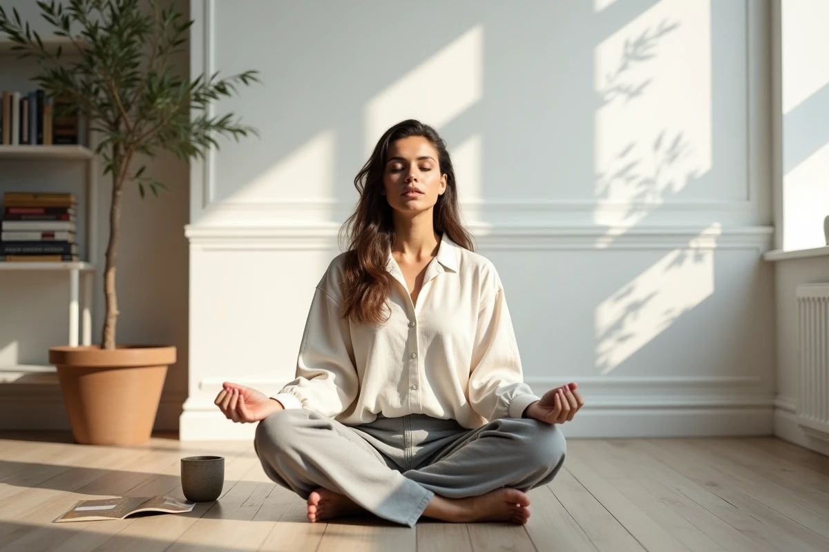 Femme en méditation dans un salon minimaliste, ambiance bien-être et sérénité en 2026