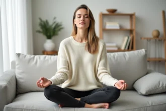Femme sereine pratiquant la méditation sur un canapé dans un salon minimaliste pour surmonter le stress et l'anxiété