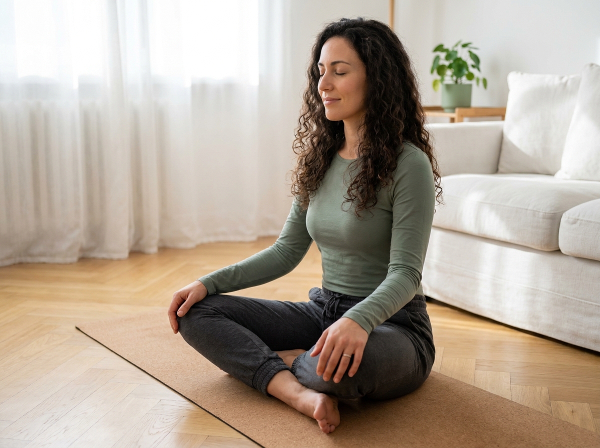 Femme de 38 ans en méditation sur un tapis de yoga dans son salon, pratiquant la pleine conscience pour surmonter la dépendance au tabac