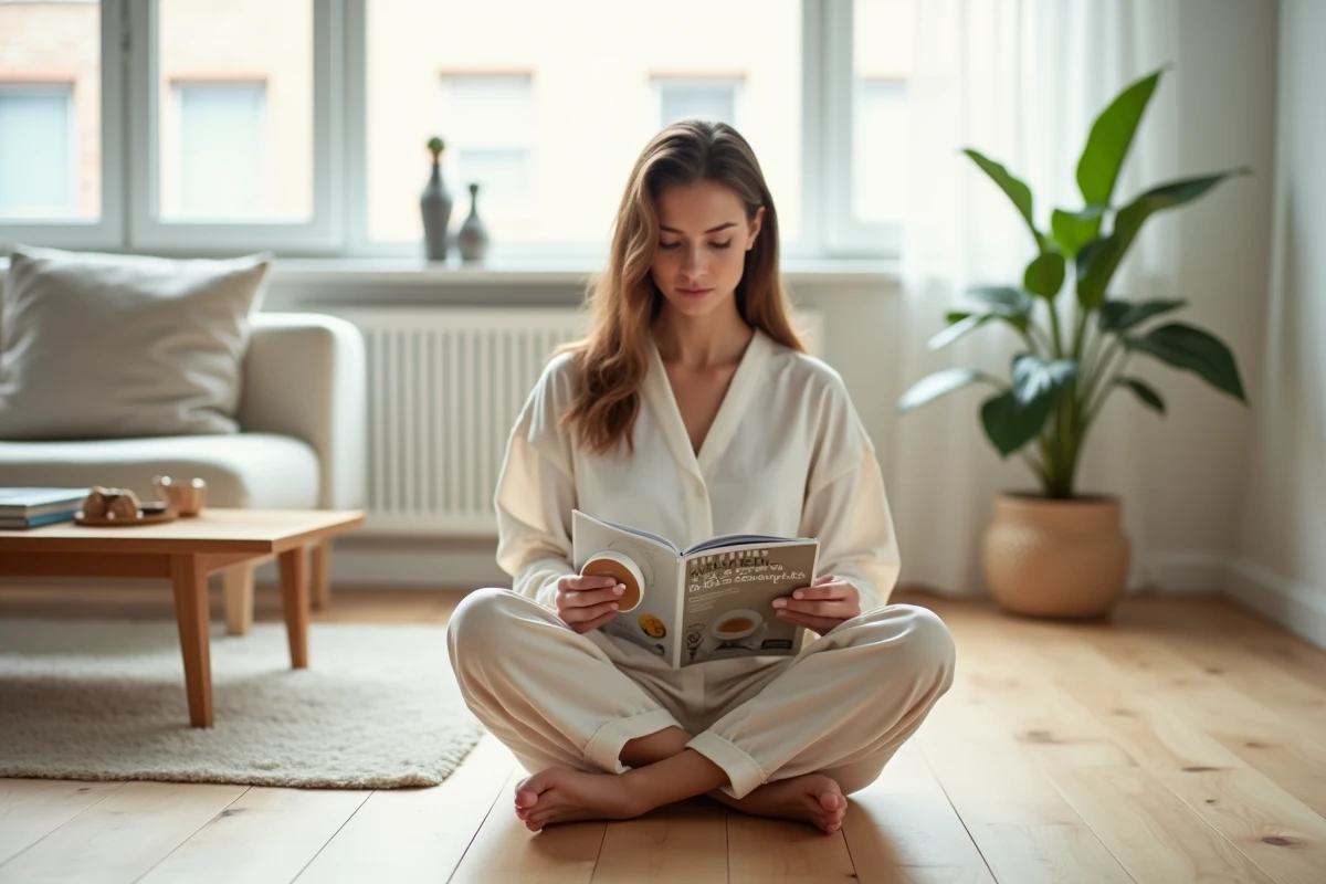 Femme sereine lisant un magazine bien-être dans un salon scandinave minimaliste en 2026