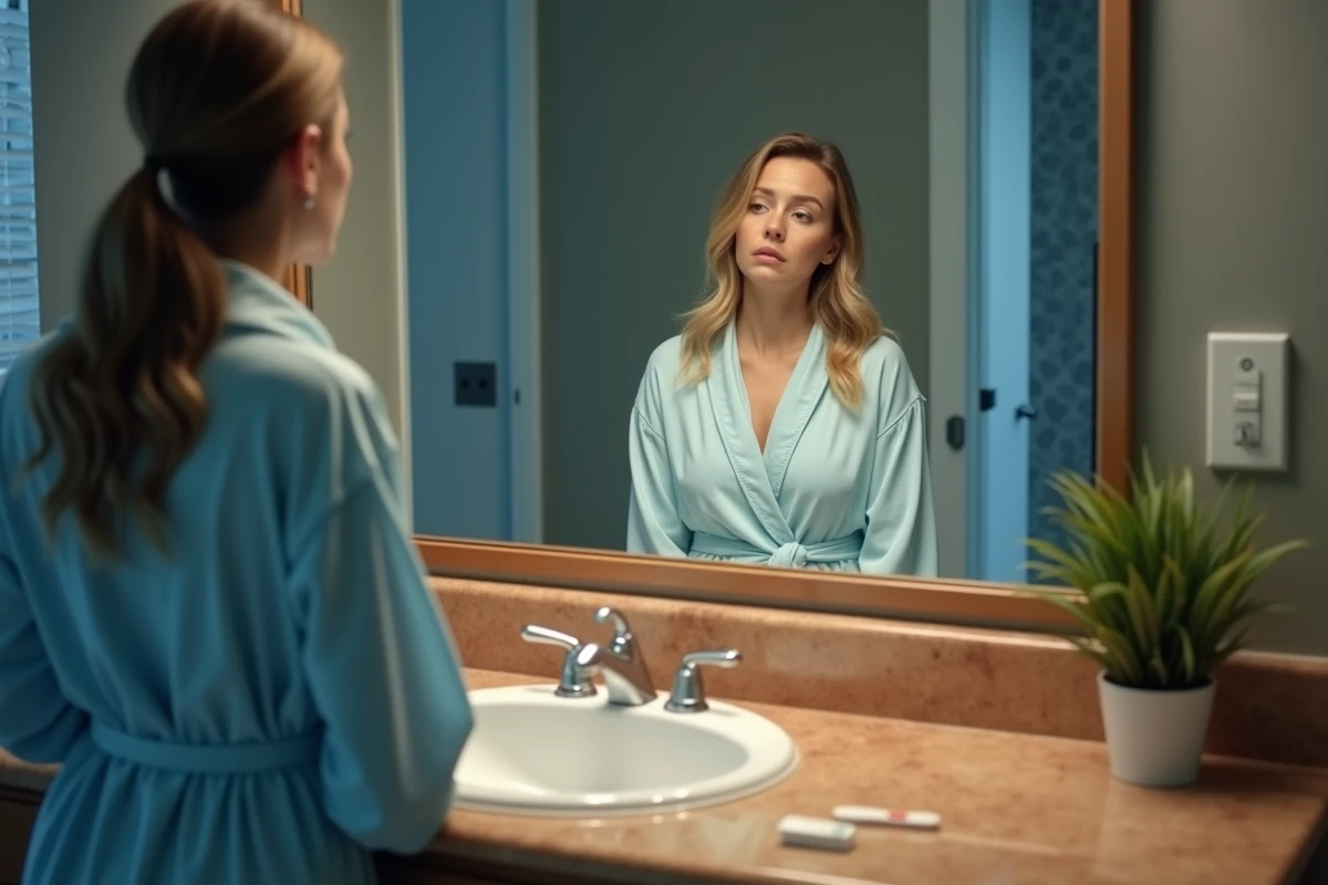 Femme en robe de chambre regardant son reflet dans le miroir de salle de bain avec un test de grossesse posé sur le comptoir